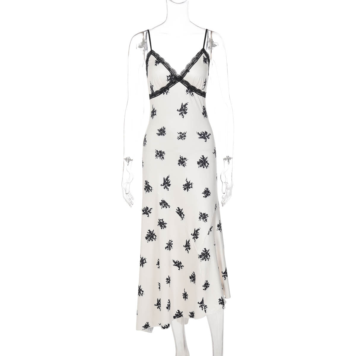 Sexy Stitching Lace V neck Sleeveless Printed Slim Fit Long Strap Dress Women