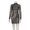 Women Sexy Mesh Long Sleeve Slim Bronzing Thin Glittering Dress Sheath Blouse