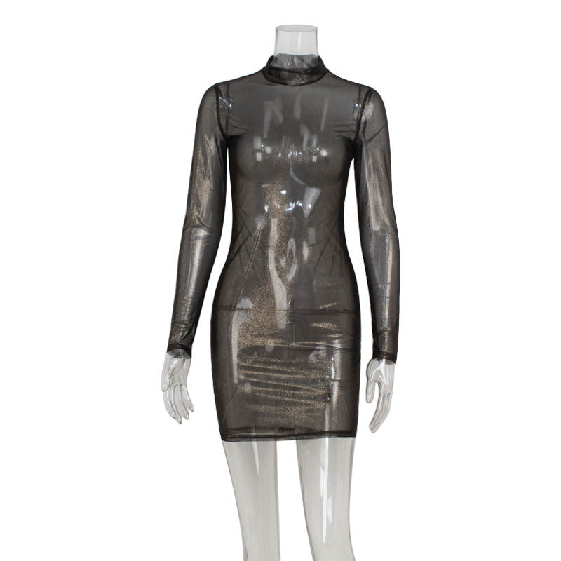 Women Sexy Mesh Long Sleeve Slim Bronzing Thin Glittering Dress Sheath Blouse