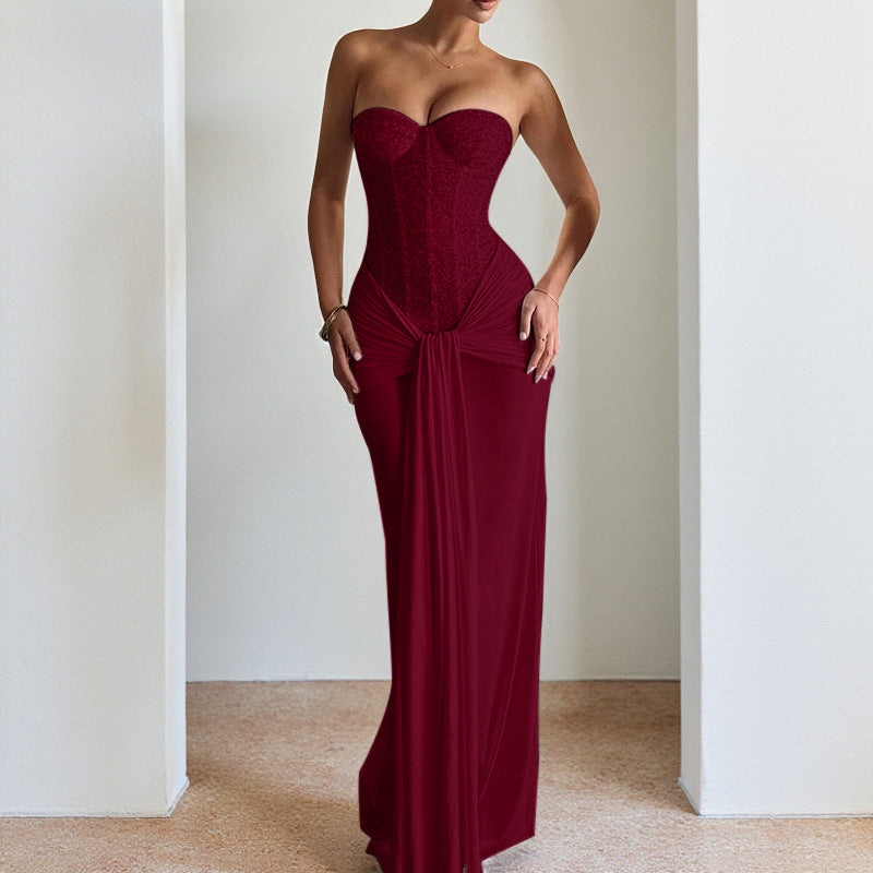Women Evening Maxi Dress Waist Slimming Ribbon Tube Top Dress