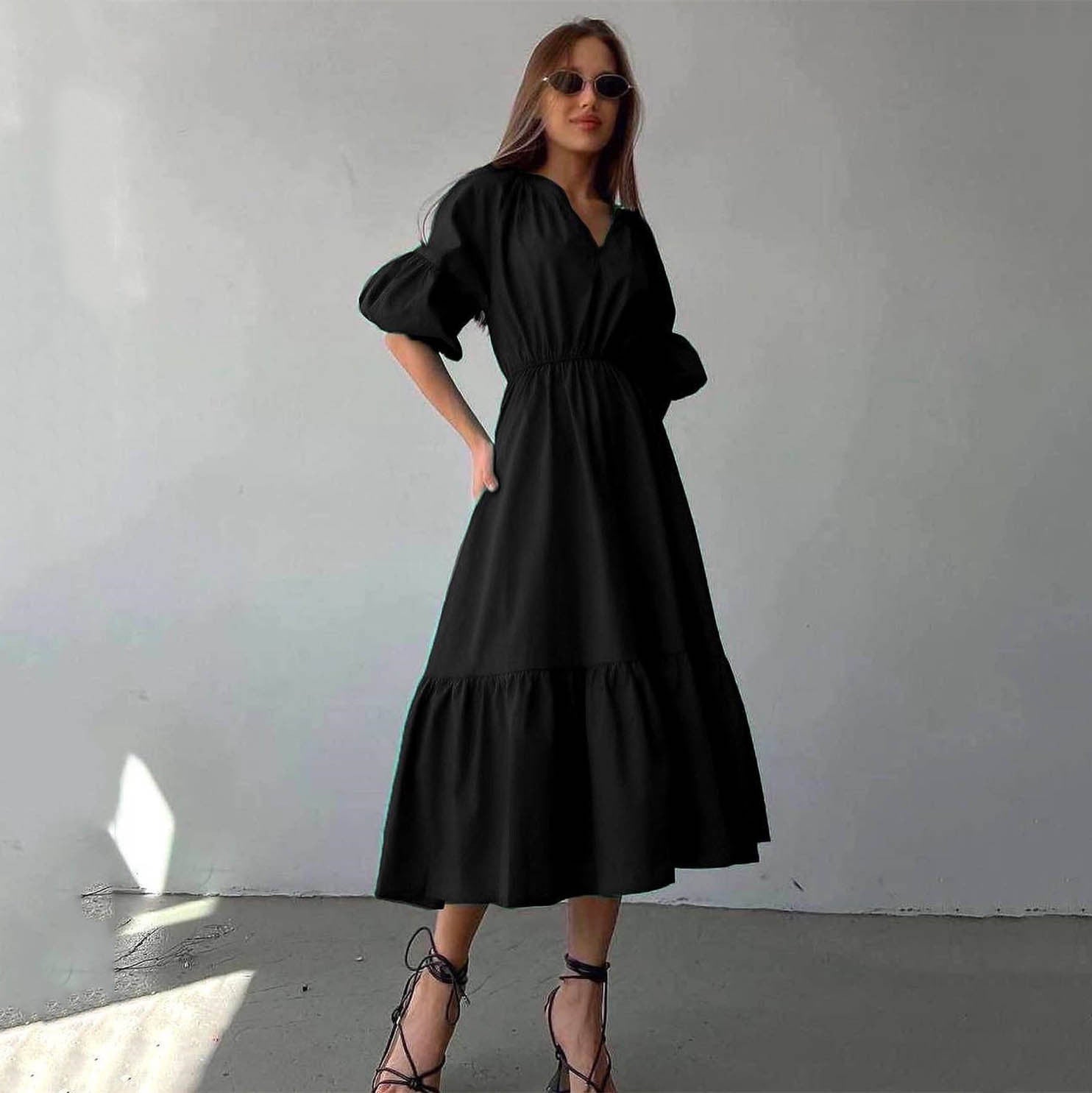 V neck Dress Office High Waist French Half Sleeve A line Dress Women Casual Dress Summer
