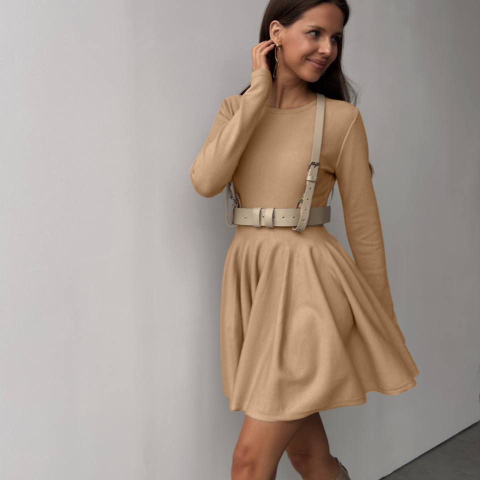 Round Neck Waist Trimming Knitted Dress Women All Match Advanced Pleated Woolen