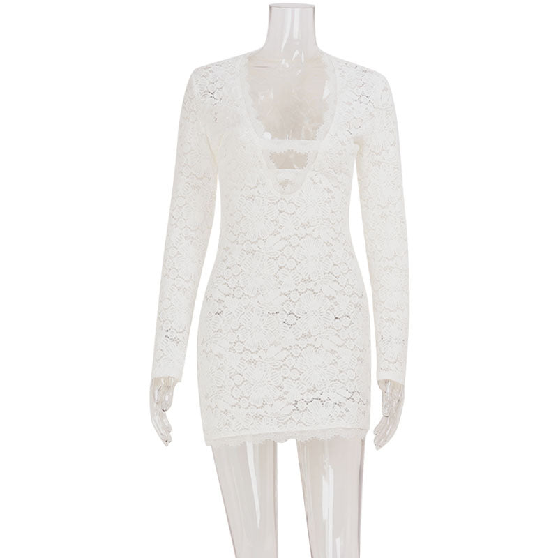 Sexy Women Clothing Night Club Lace Slightly Transparent Hollow Out Cutout out Low Cut Tight Fitting Hip Bag Dress Short Figure