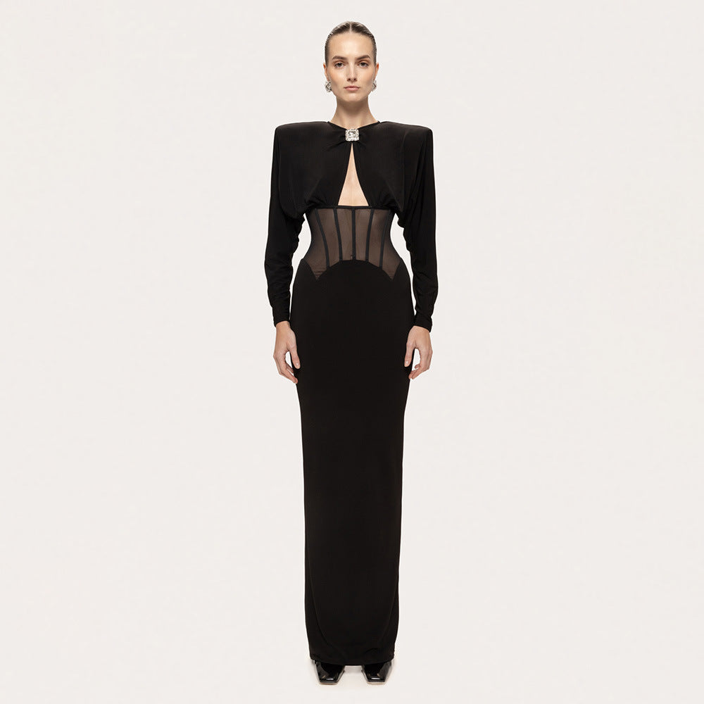 Women Clothing Black Shoulder Boning Corset Drill Buckle Dress round Neck Elegant Split Evening Sheath Dress