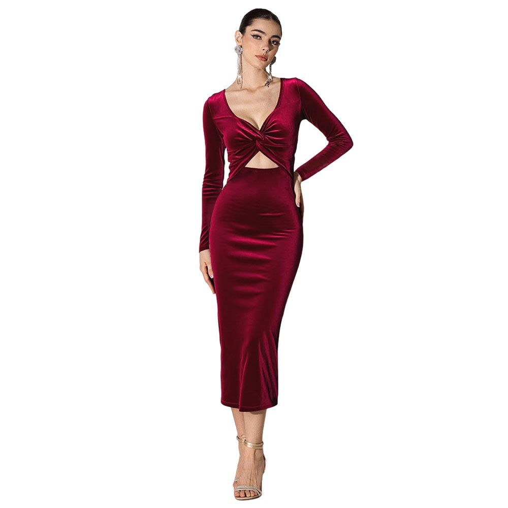 Elegant Sexy Deep V Plunge neck Top Hollow Out Cutout out Slim Fit Slimming Party Hip Dress
