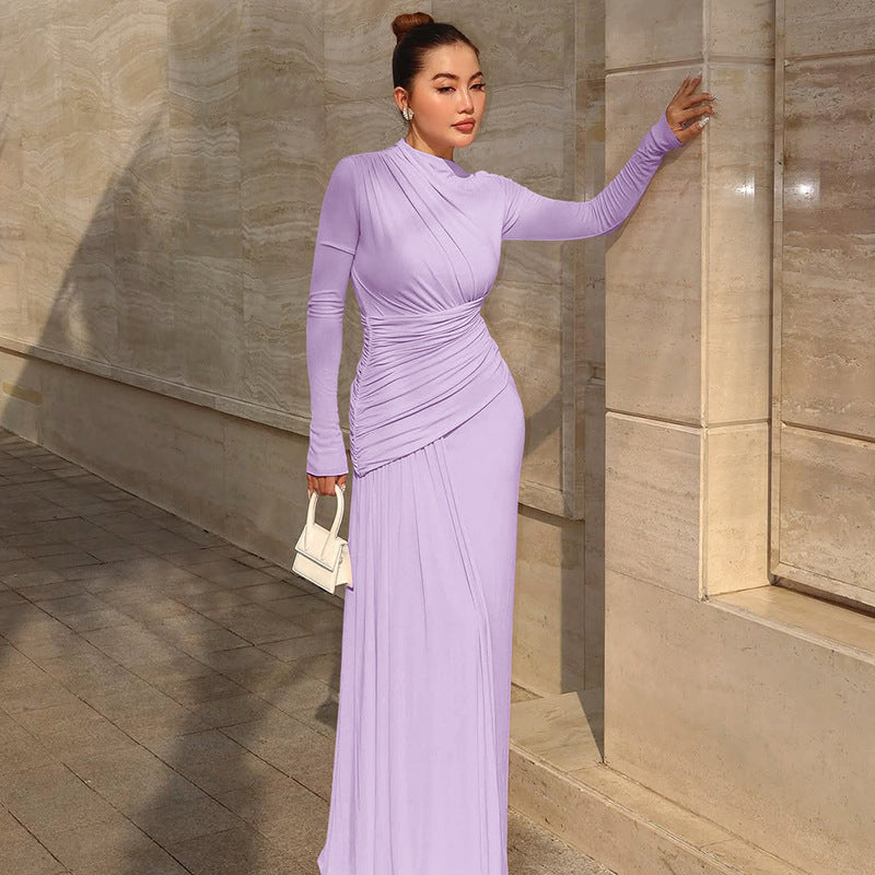 Women Clothing Summer Elegant Slim Pleated Zipper round Neck Long Sleeved Dress