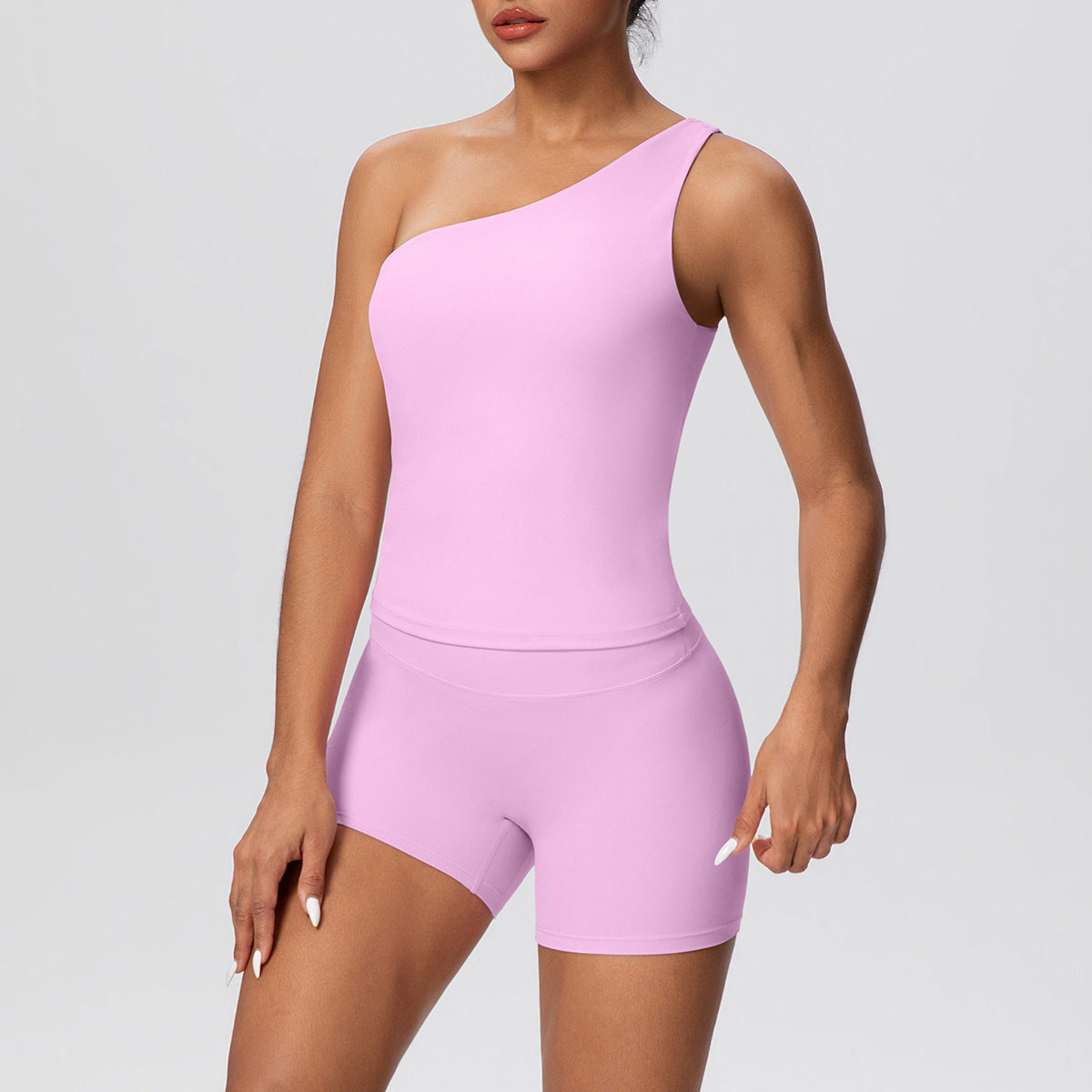 Women Solid Color Oblique Shoulder Strap Beauty Back Exercise Vest Yoga Pants Running Slim Shorts Fitness Yoga Wear Set