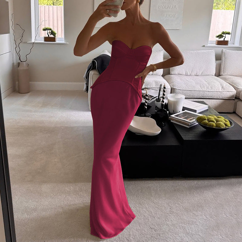 Autumn Winter Slim Deep V Plunge off the Shoulder Tube Top Boning Corset Evening Dress