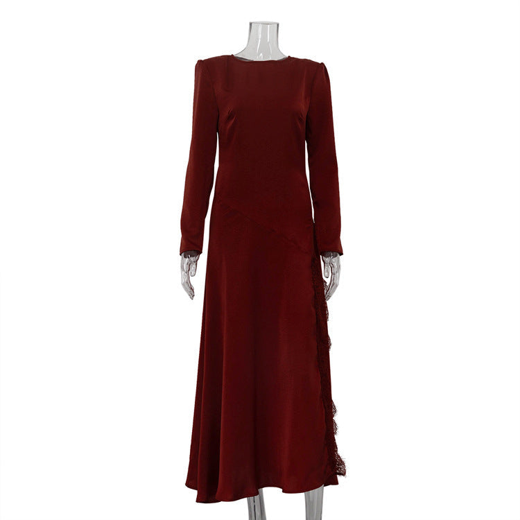 French Elegant Dress for Women Stitching Lace Split round Neck Long Sleeve High Waist Dress