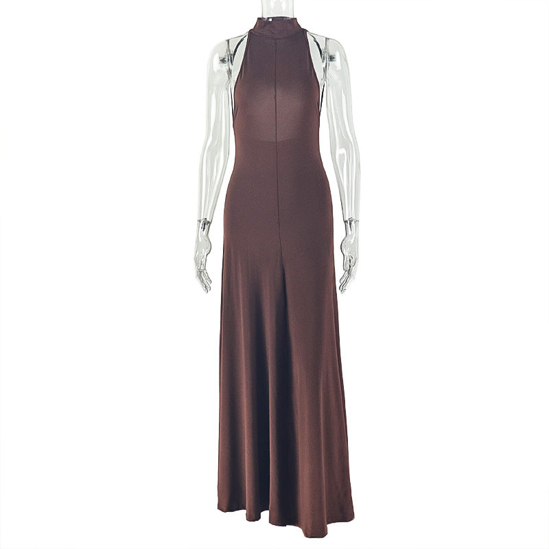 Elegant Women Tight Waist Sexy Slim A line Dress round Neck Sleeveless Solid Color Maxi Dress