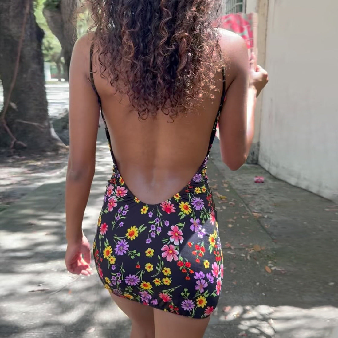 Women Clothing Sexy Cross Halterneck Backless Slim Fit Hollow Out Cutout Printed Dress
