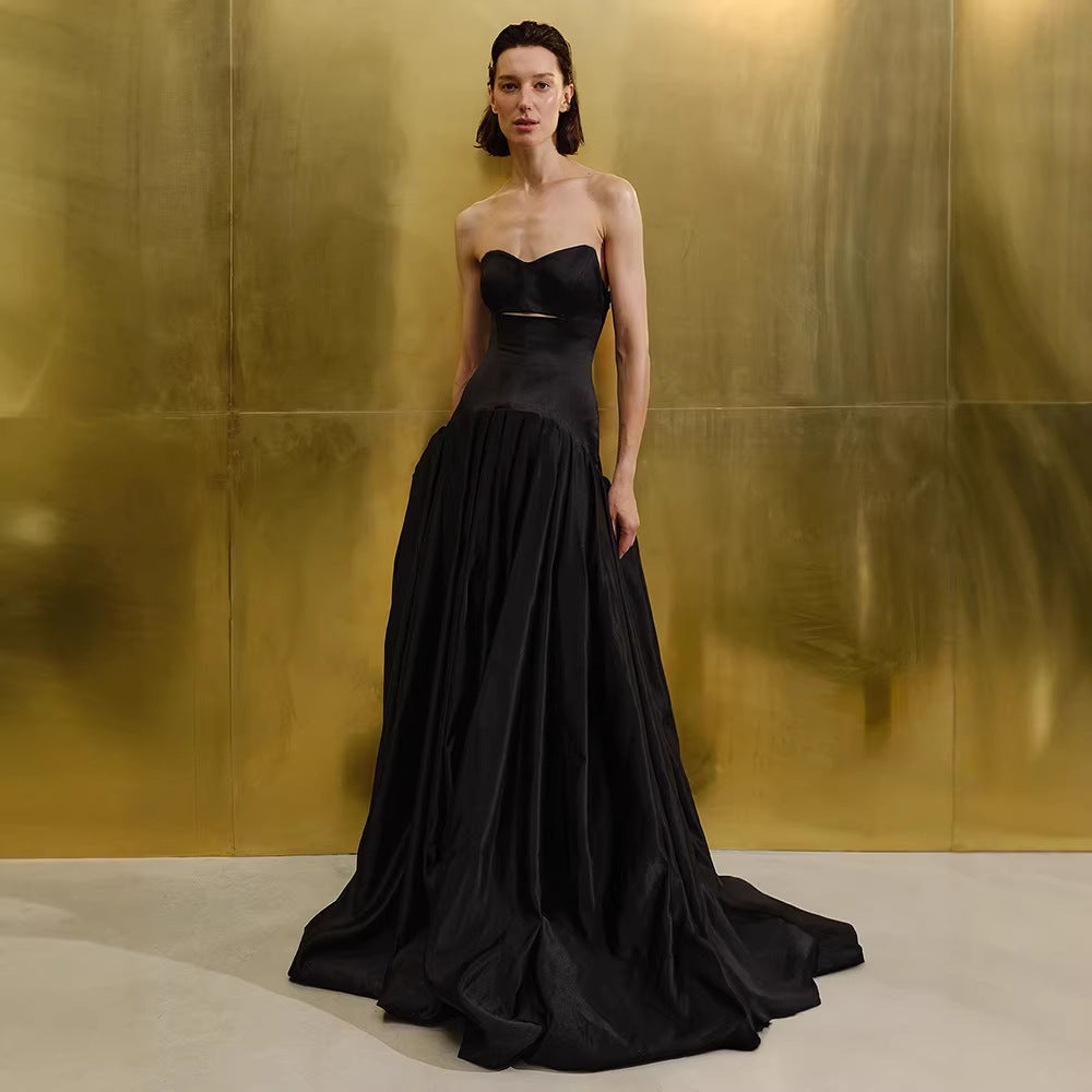 Black Tube Top Evening Dress Women Annual Meeting Dress High End Host Art Exam Maxi Dress A Hemline