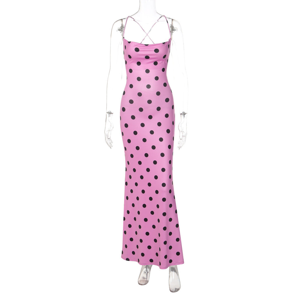 Sexy Backless Swing Collar Slim Fit Long Strap Polka Dot Dress Women