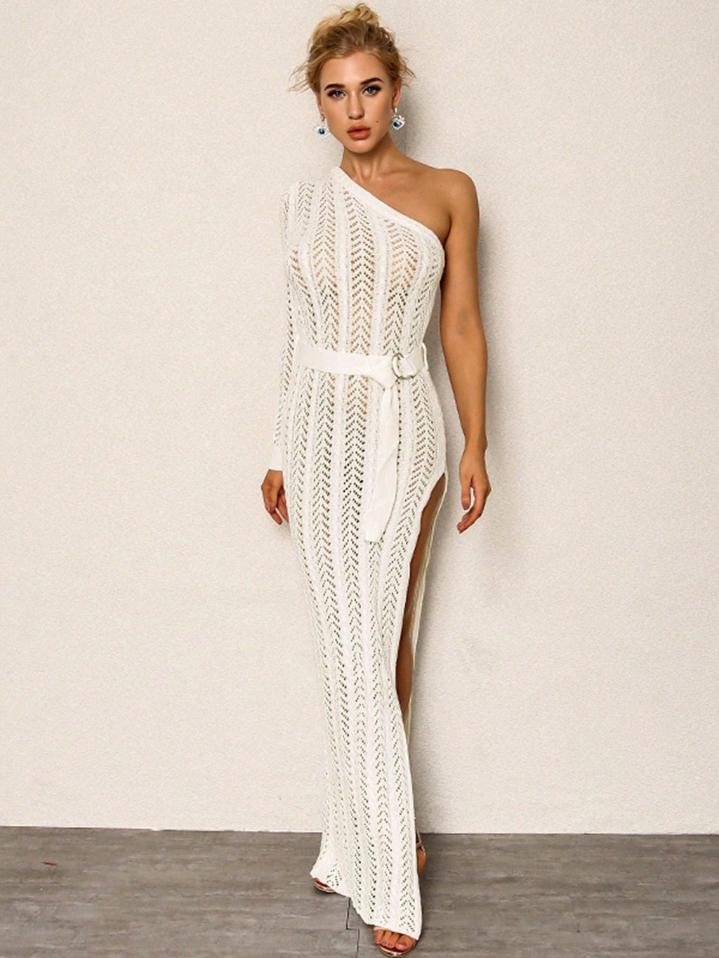 Women Wear Women Hollow Out Cutout out Single Sleeve High Slit Dress Sweater
