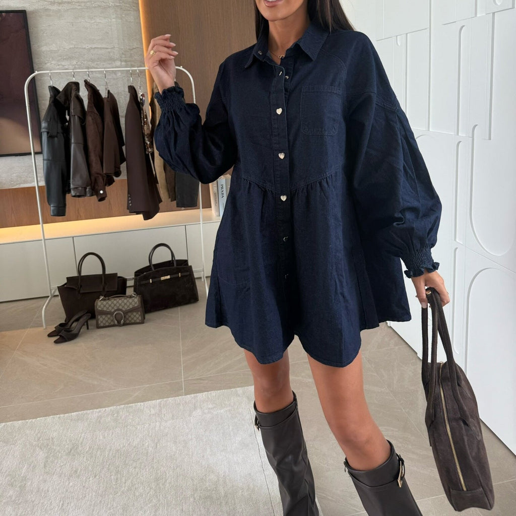 Women Clothing Casual Shirt Button Long Sleeve Denim Dress