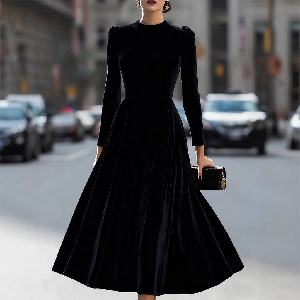 Women Clothing Spring Summer round Neck Korean Velvet Elegant Long Sleeved Dress