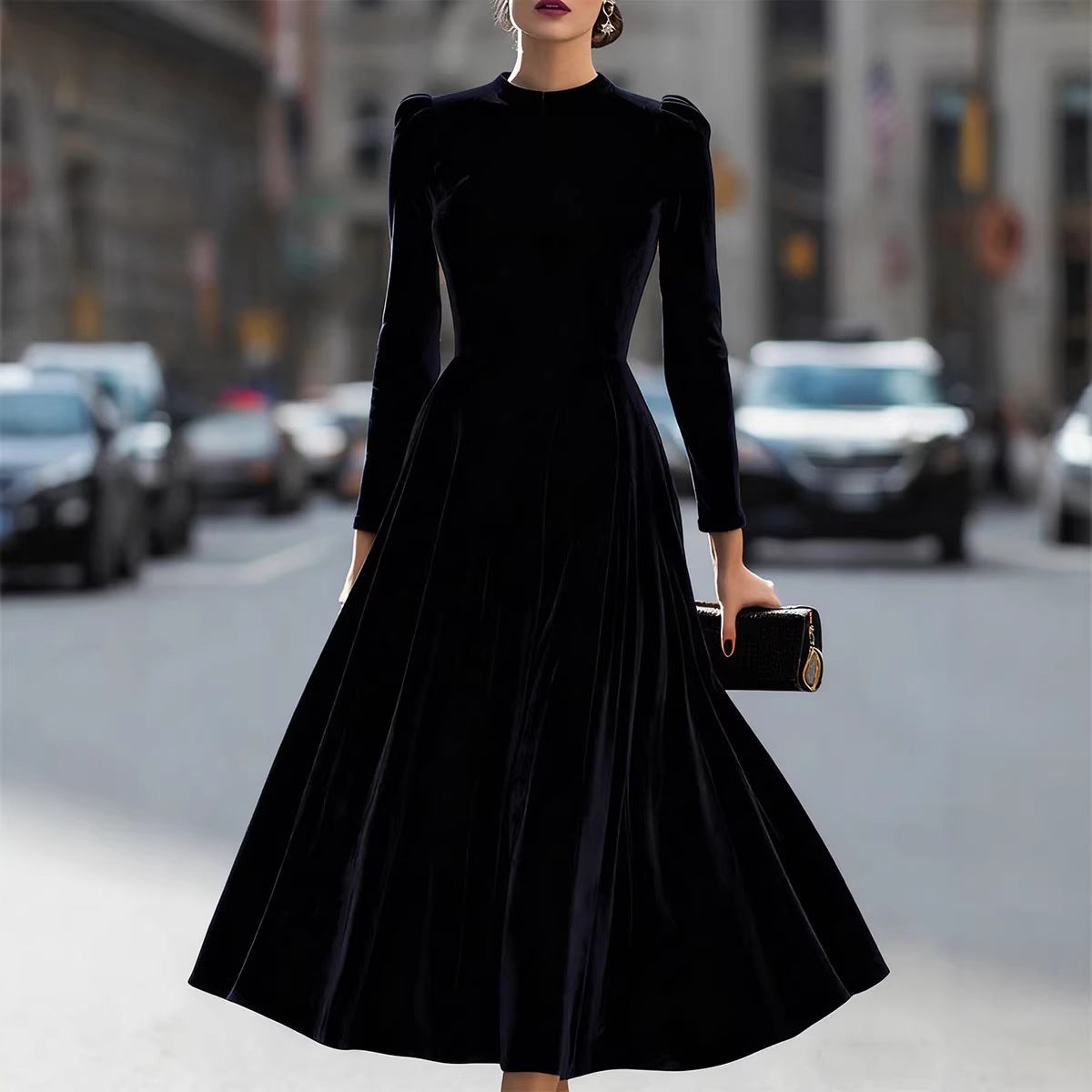 Women Clothing Spring Summer round Neck Korean Velvet Elegant Long Sleeved Dress