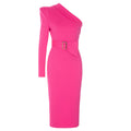 Simple Sexy Oblique Shoulder Irregular Asymmetric Belt Back Slit Slim Dress Women