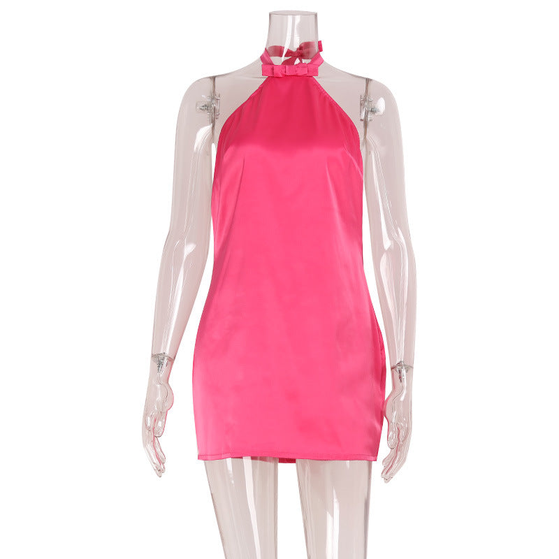 Rose Red Trendy Socialite Hanging Collar Silk Satin Textured Dress