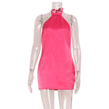 Rose Red Trendy Socialite Hanging Collar Silk Satin Textured Dress