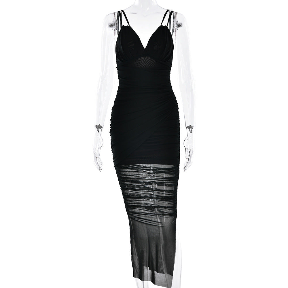 Suspender Deep V Plunge Sexy Dress Sexy Pleated Slim Mesh Dress