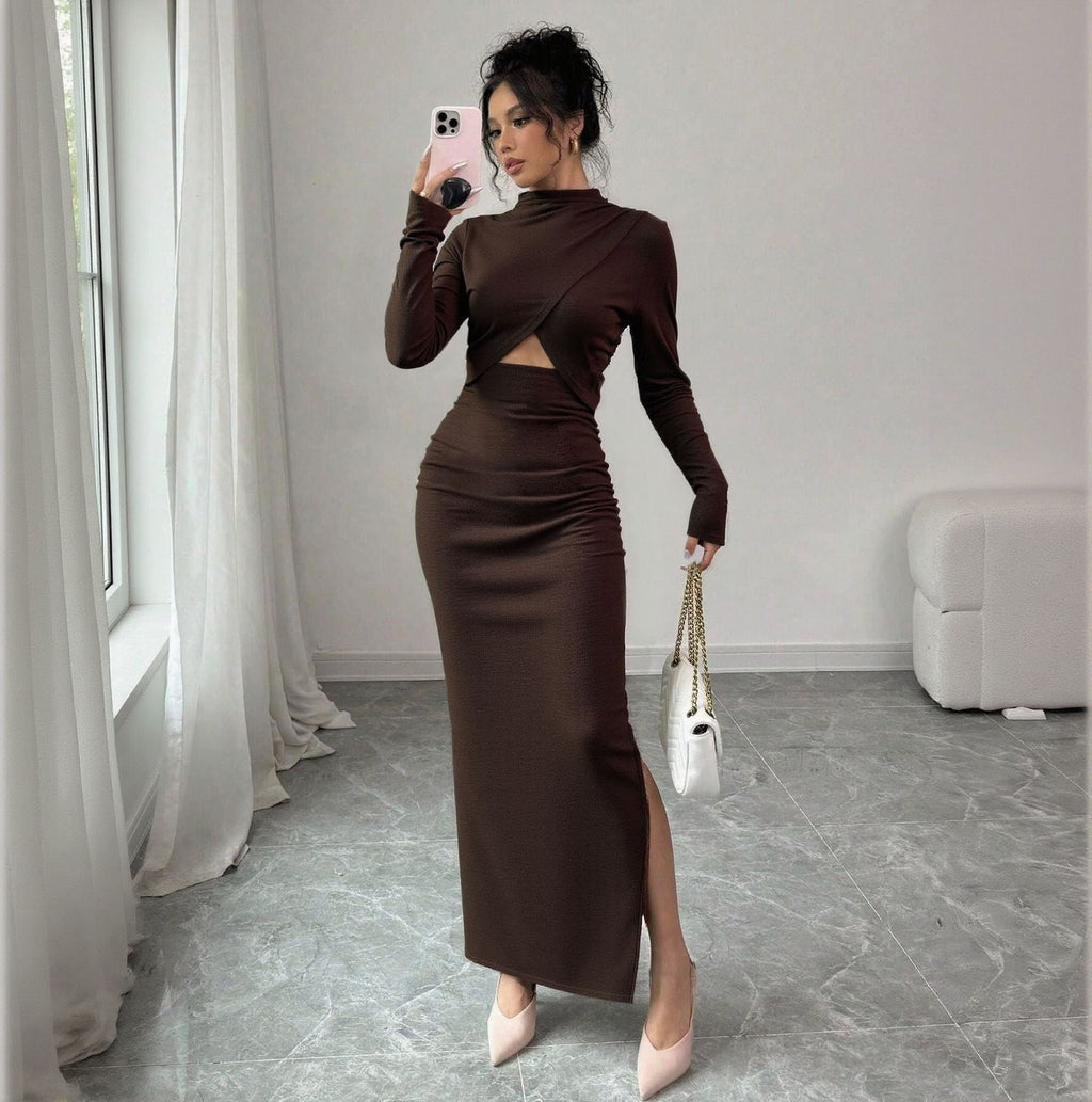 Autumn Winter Sexy Slit Slim Fitting Cropped Outfit Long Sleeve Mid Length Long Sleeve Dress
