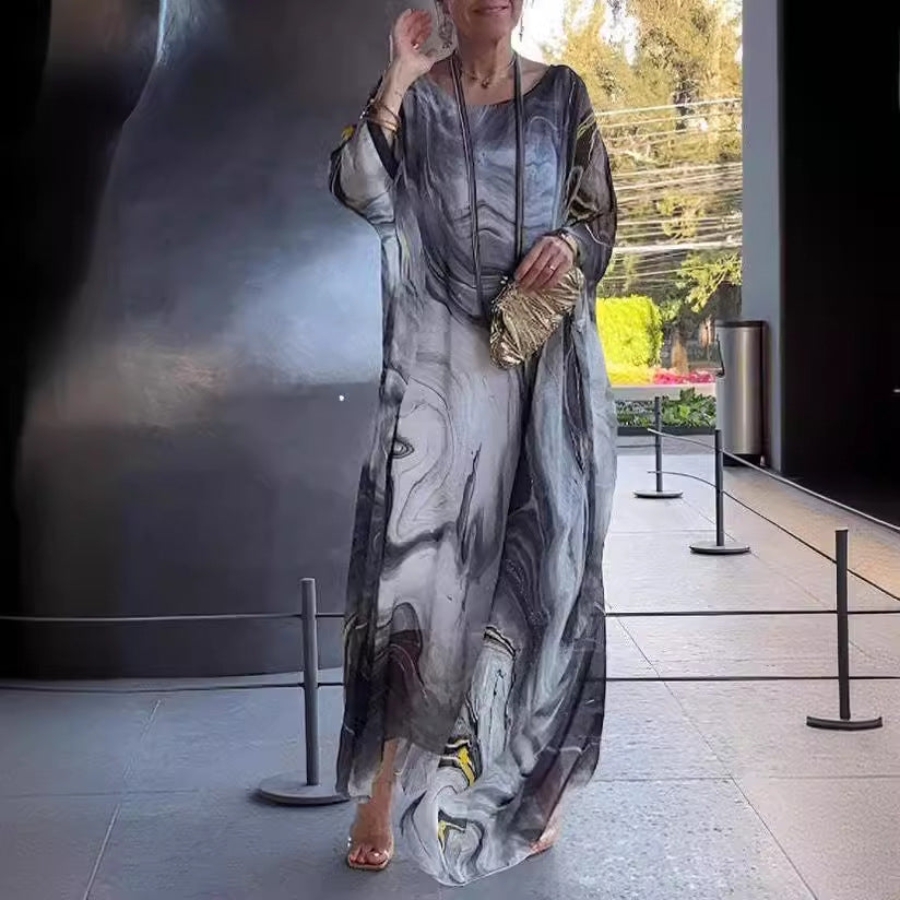 Summer New America Elegant Office Chiffon Printed Dress Marble Texture