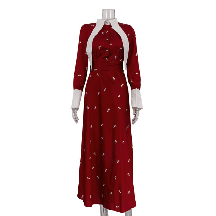 Spring Autumn French Design Printed Satin Dress Women Clothing Elegant Waist Tight Dress