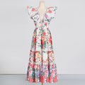 Spring Deep V Plunge neck Ruffled Sleeve Maxi Dress Ruffled Stitching Printing Design Waist Slimming Dress for Women