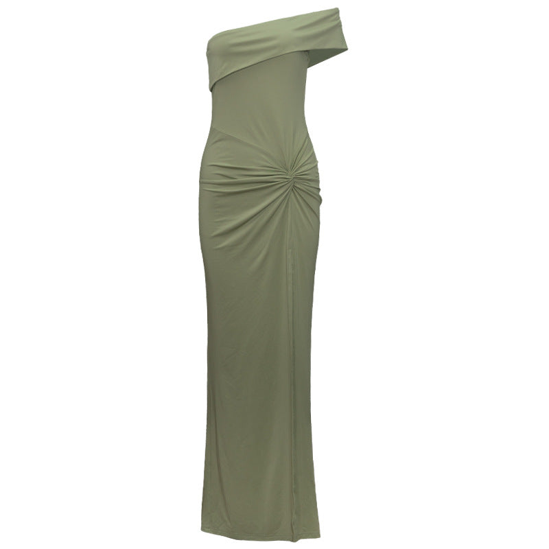Slant Shoulder Tight Waist Twisted High Waist High Slit Sheath Maxi Dress