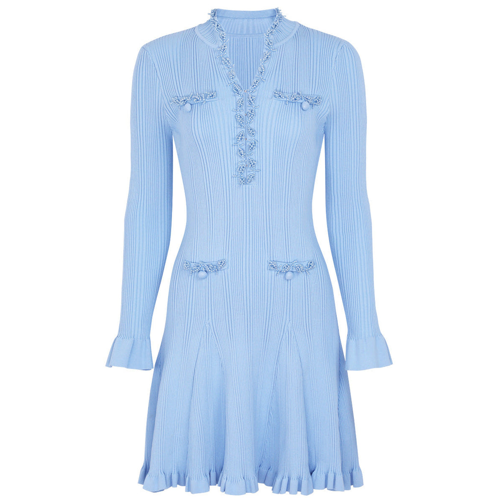 Spring Autumn Fashionable Knitted Heavy Industry Beaded Slim Fit Slimming Long Sleeves Dress