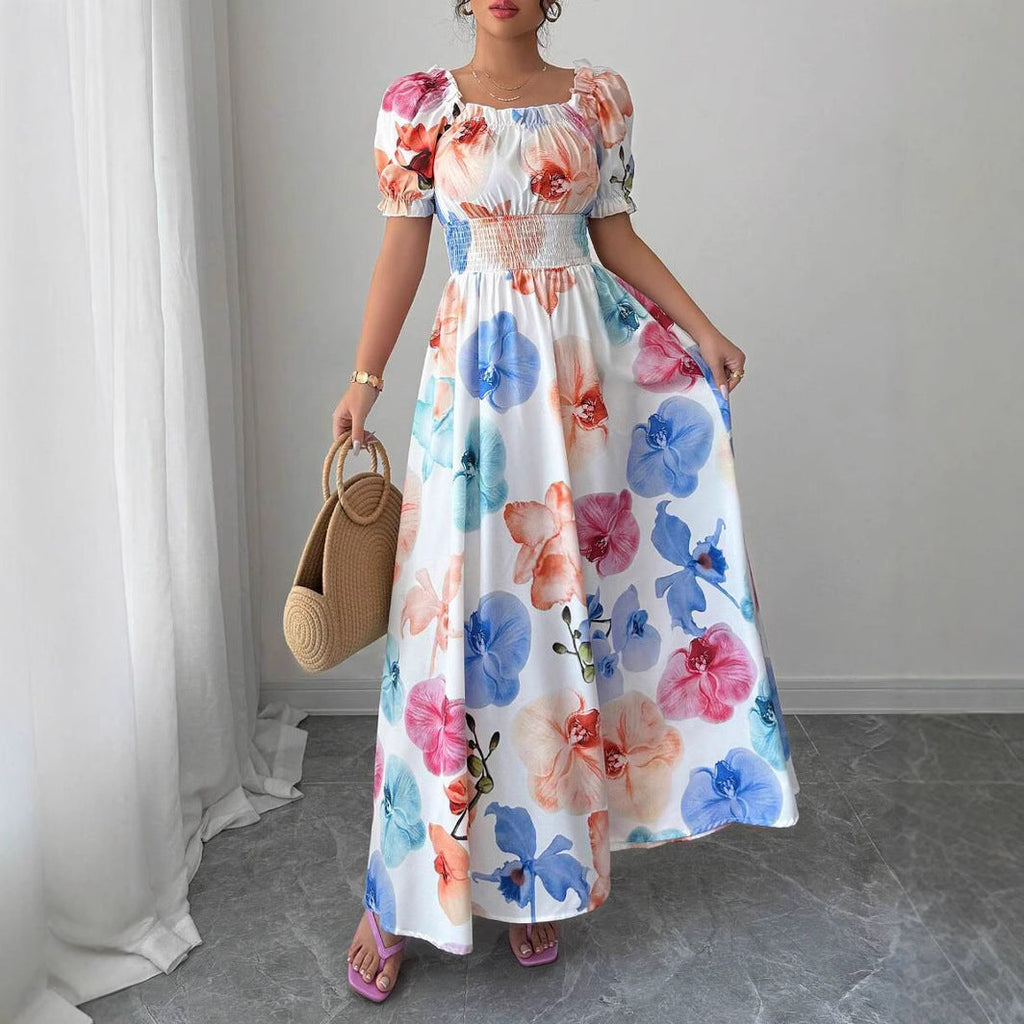 Summer Bubble Sleeve High Waist Tight Waist Women Printed Wear Large Swing Sling Dress