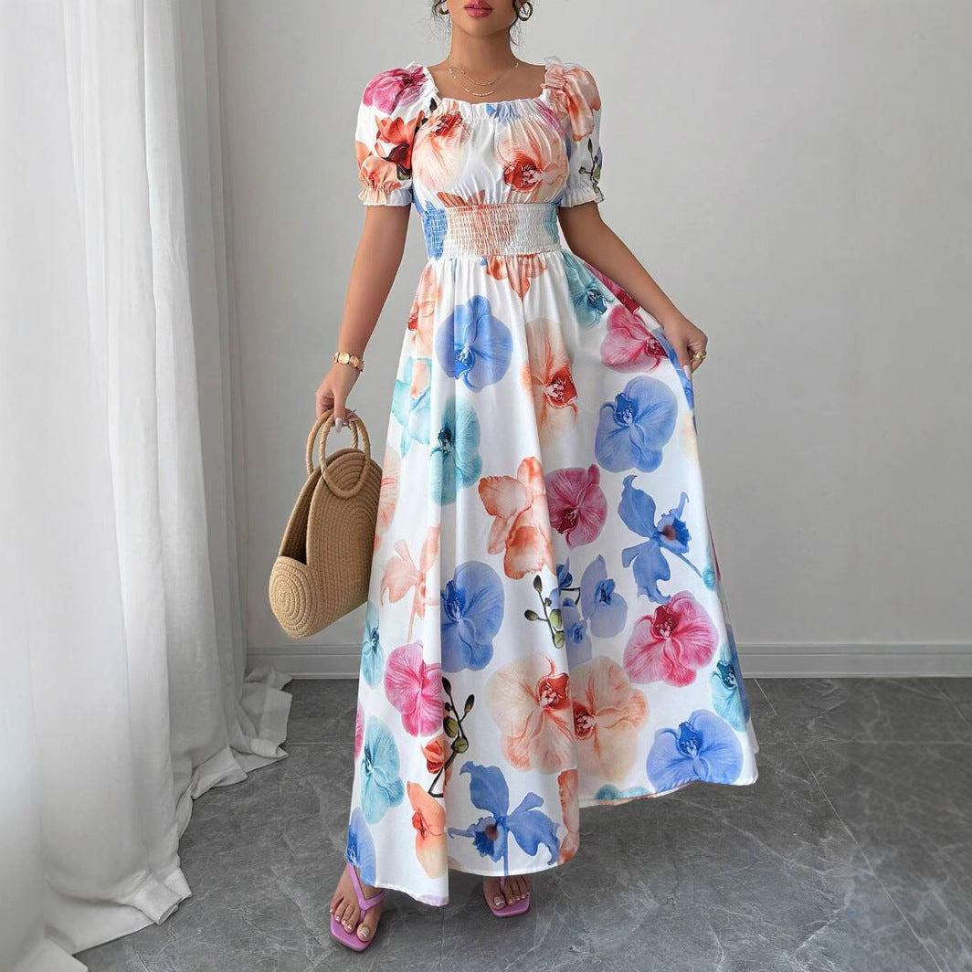 Summer Bubble Sleeve High Waist Tight Waist Women Printed Wear Large Swing Sling Dress