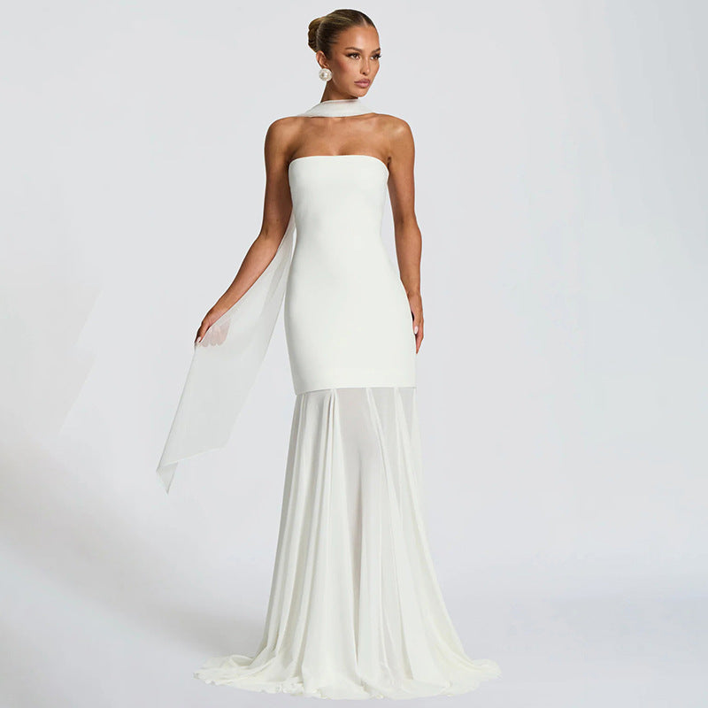 Women Clothing Autumn Winter Solid Color Elegant Sleeveless Chiffon Stitching Tube Top Ribbon Maxi Dress