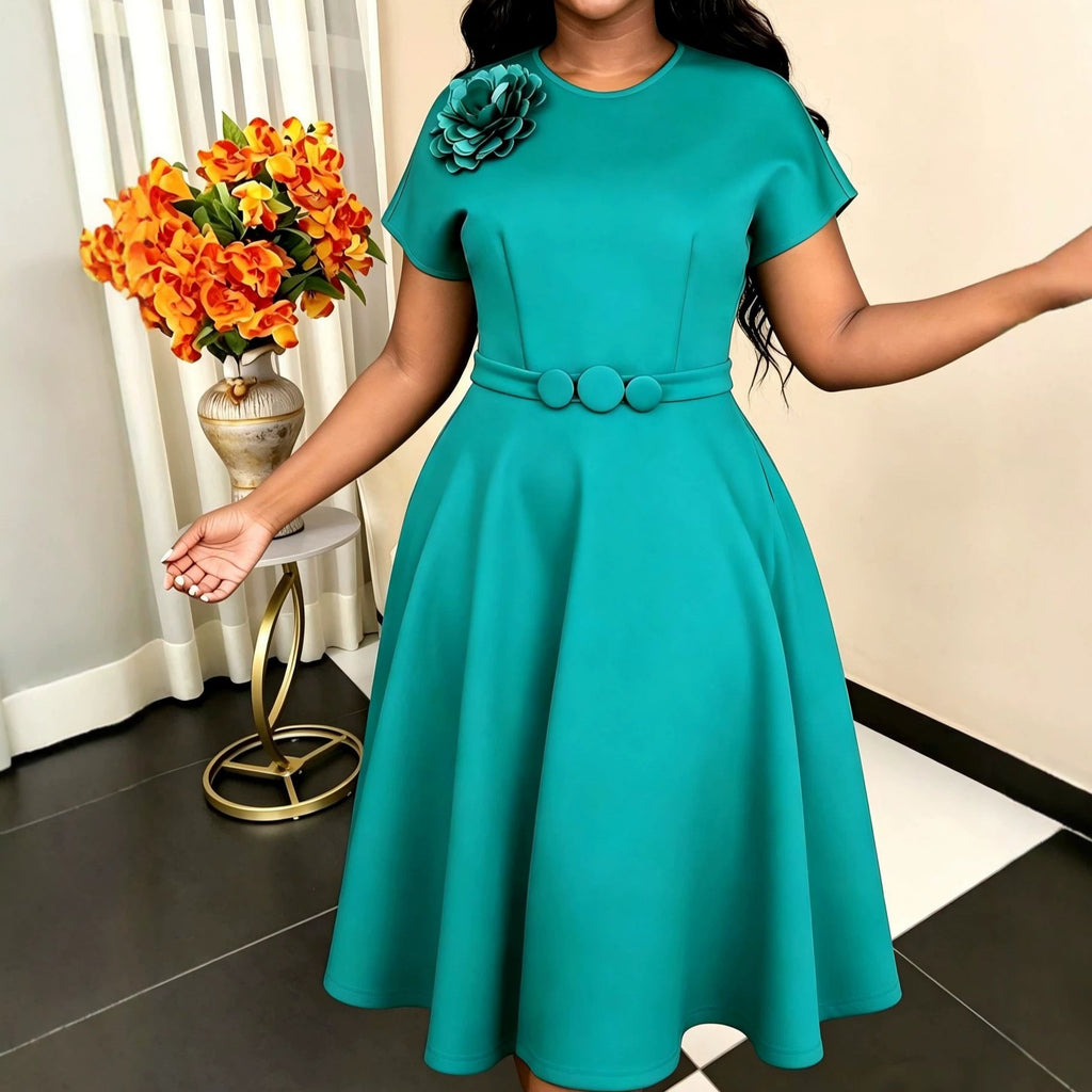 Elegant Decorative Button Dress A Swing High Waist Slimming Three Dimensional Applique Solid Color Dress