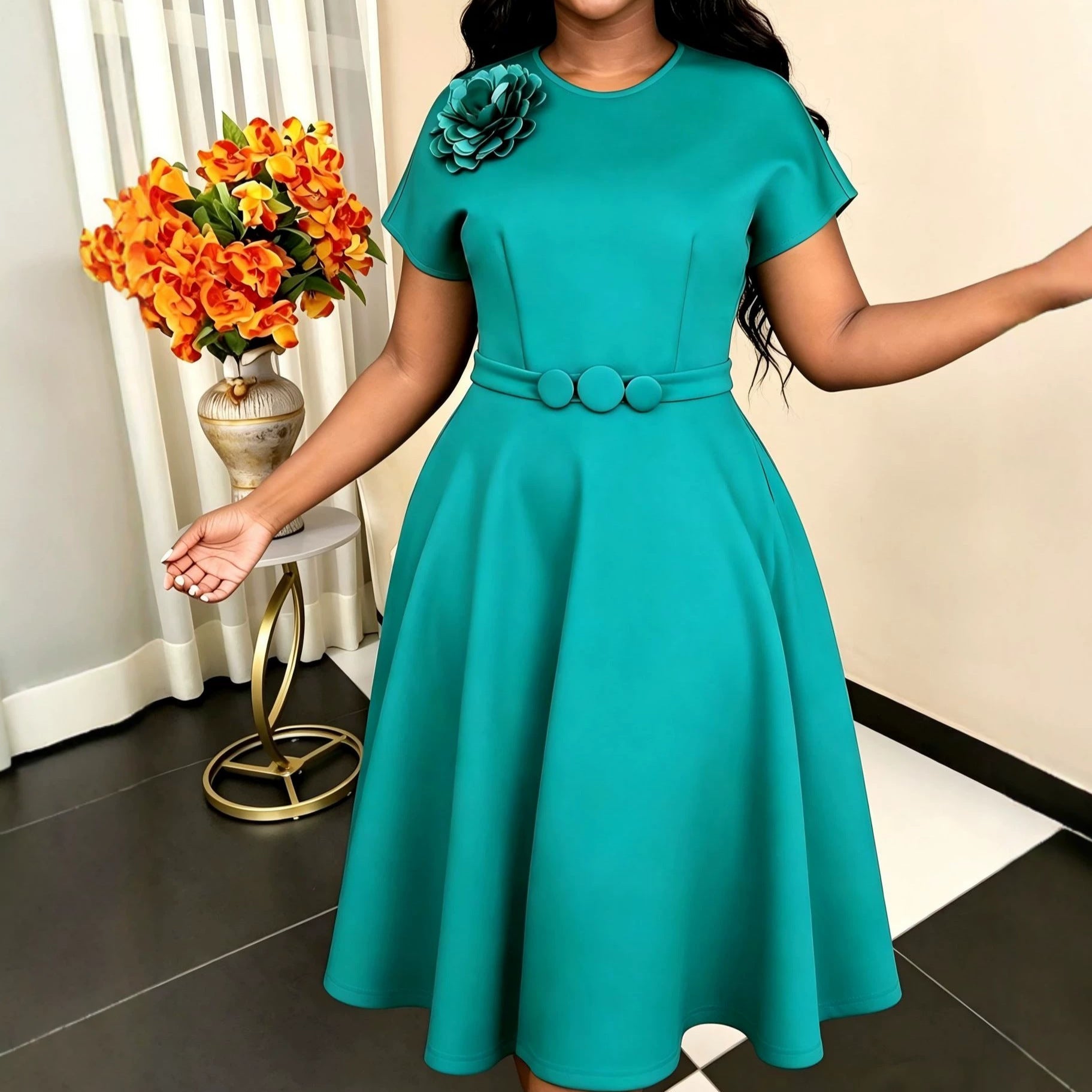 Elegant Decorative Button Dress A Swing High Waist Slimming Three Dimensional Applique Solid Color Dress