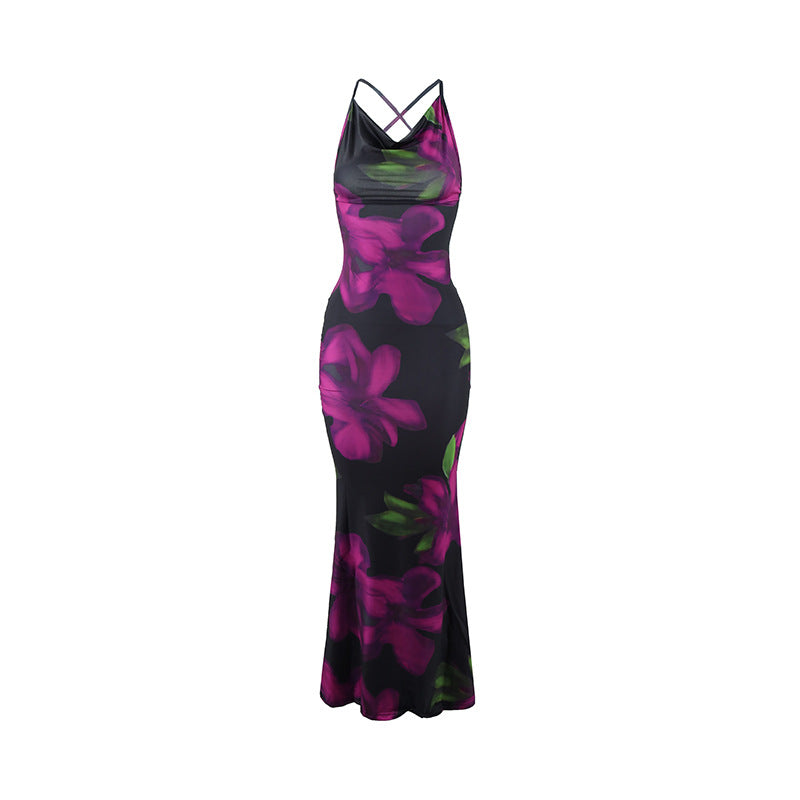 Women Dress Floral Print Cross Shoulder Strap Backless Slim Fit Inner Dress