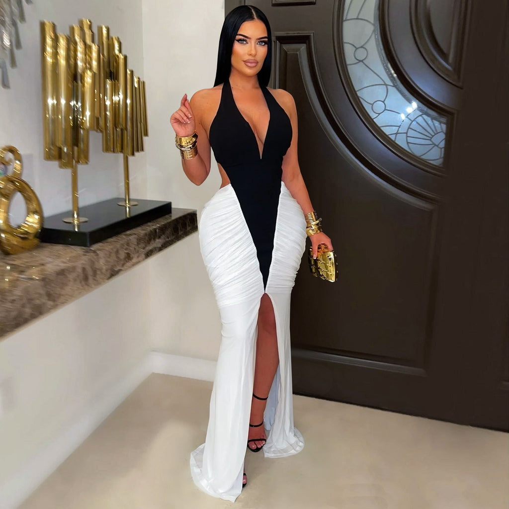 Women Wear Sexy V Neck Arm Covering Split Backless Dress