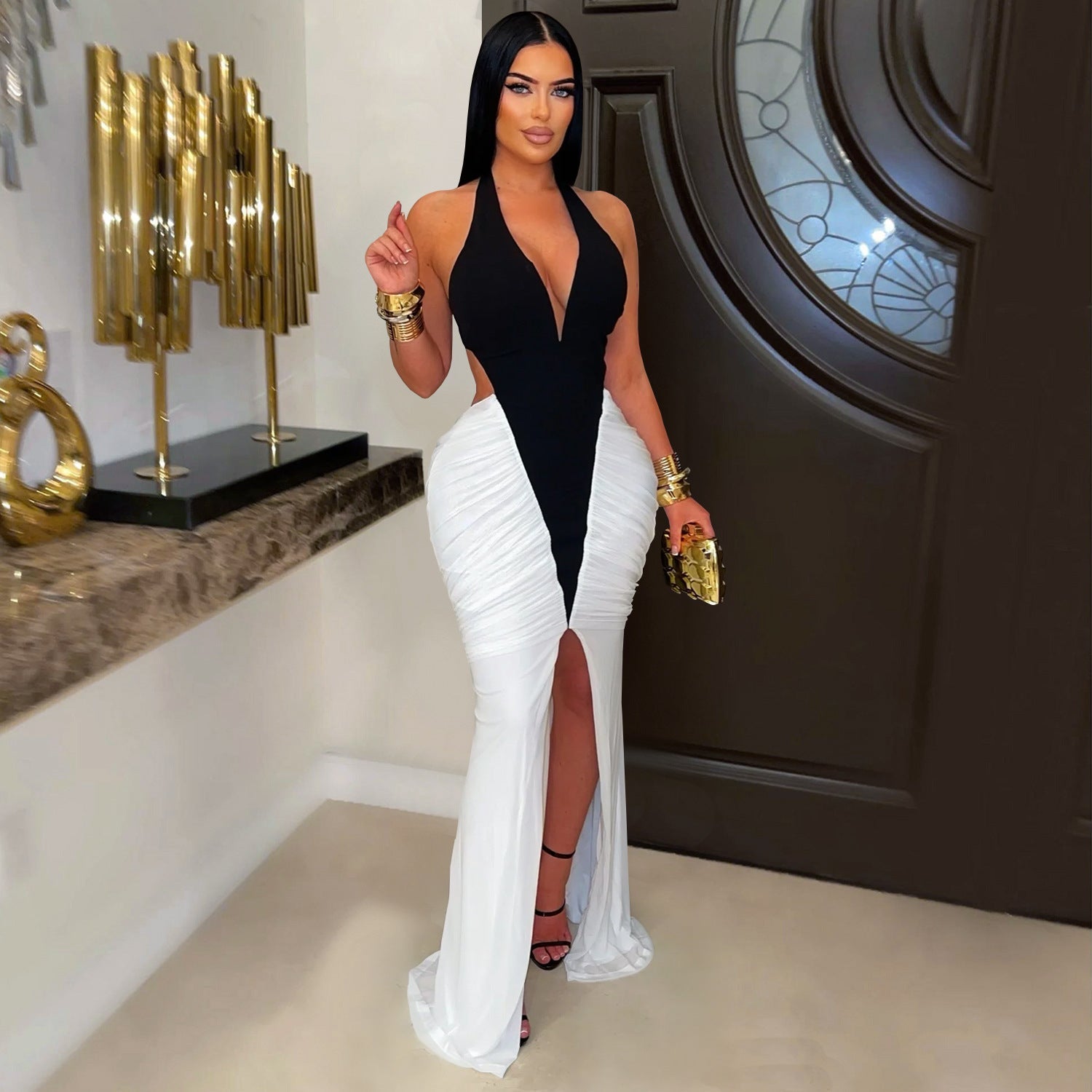 Women Wear Sexy V Neck Arm Covering Split Backless Dress