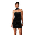 French Minority Black Tube Top Dress Women Short Autumn Winter Velvet Texture Pleated Design Black Dress