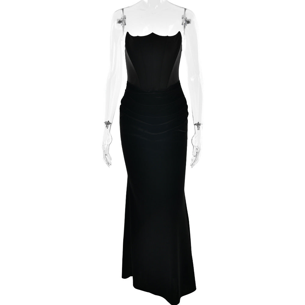 Sexy Elegant Tube Top Package Hip Maxi Dress Solid Color Stitching Sleeveless Slim Fit Dress