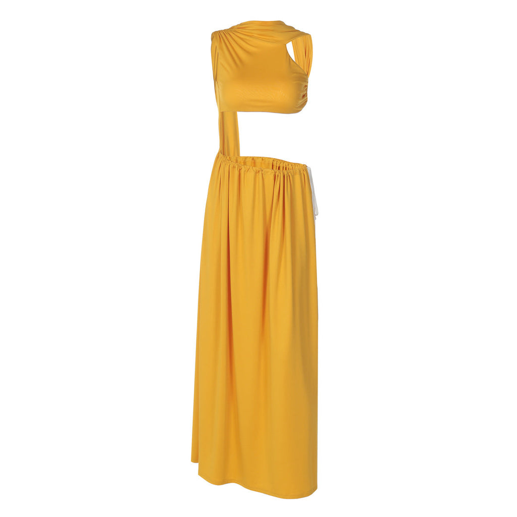 Fall Solid Color Hollow Out Cutout out Vest Stitching Cropped Side Tied Maxi Dress for Women