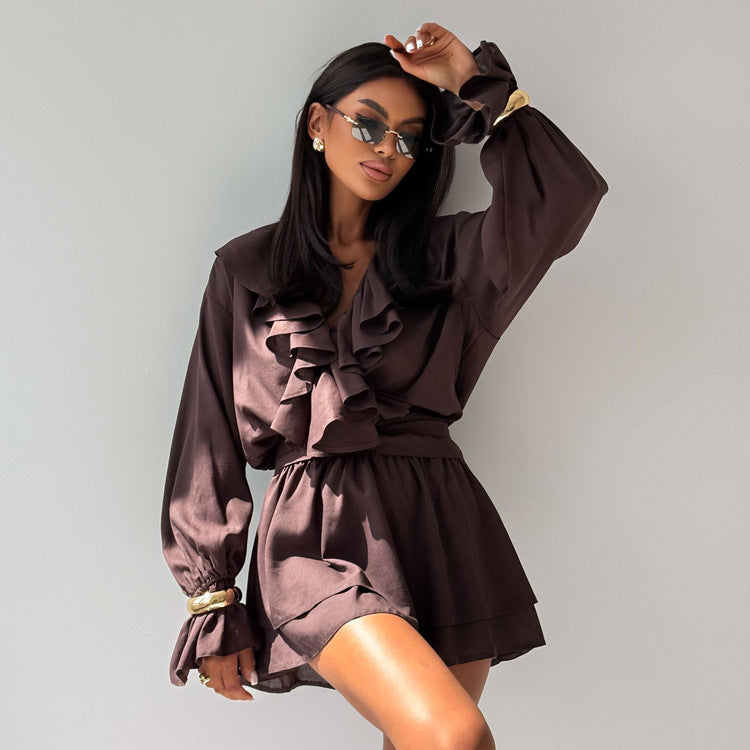 Spring French Elegant Short Dress Women Ruffled V neck Flared Sleeves High Waist A line Dress
