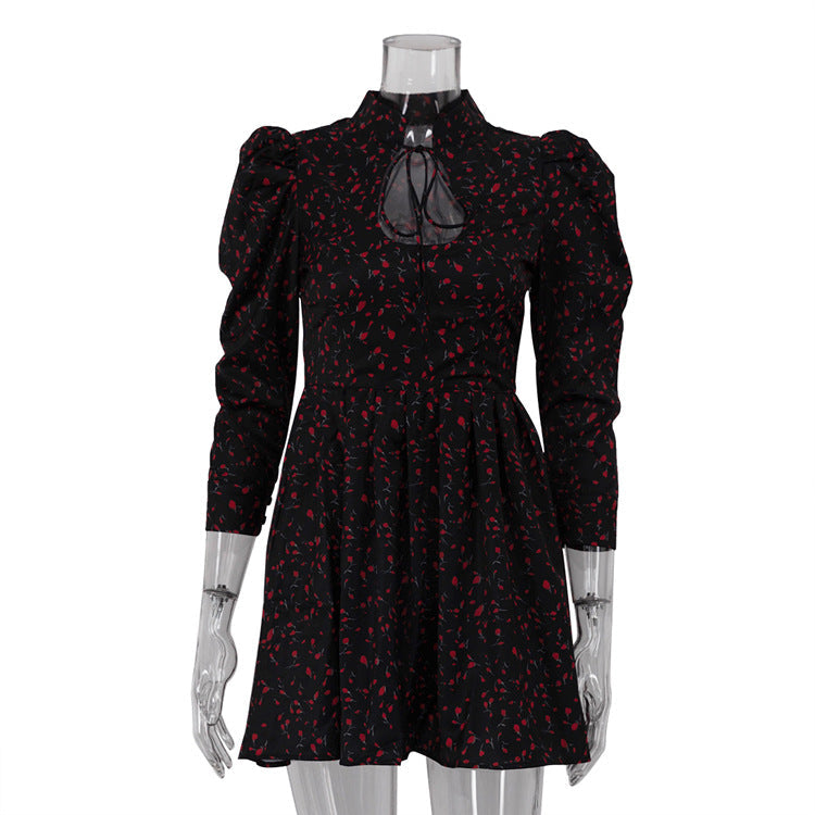 Women Clothing Floral Short Dress Women pirational Design Stylish Stand up Collar Tie Three Quarter Sleeve High Waist A line Dress