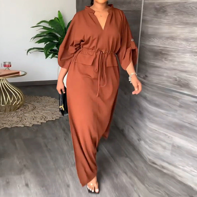 Autumn Women Clothing Casual Stand Collar Split Dress Solid Color Dress