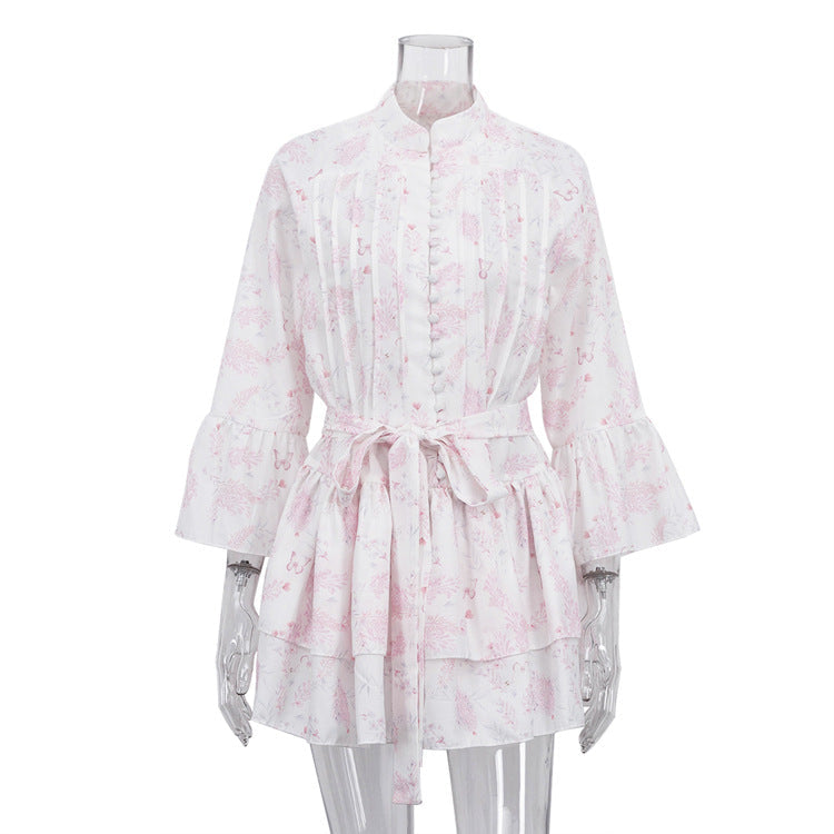 French Short Print Elegant Dress for Women Stand up Collar Flared Sleeves Single Breasted Lace up A line Dress