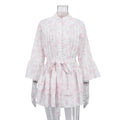 French Short Print Elegant Dress for Women Stand up Collar Flared Sleeves Single Breasted Lace up A line Dress