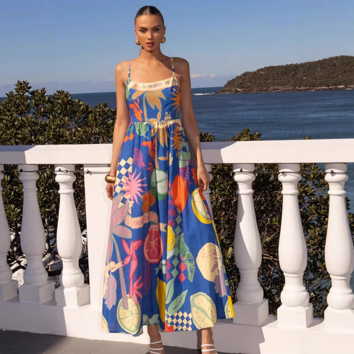Summer Dress Geometric Abstract Graffiti Printed Waist Controlled Swing Cami Dress Women