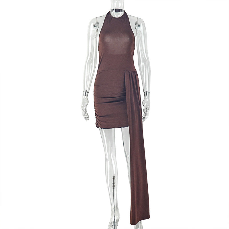 Solid Color Design Women Clothing Lace up Slimming Hip Dress round Neck Sexy Slim Short Dress