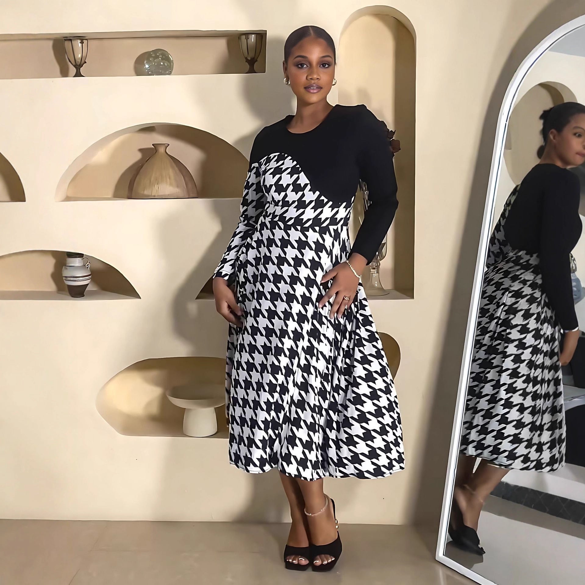 Stitching Houndstooth Spring Autumn All Match Long Sleeve Women Dress